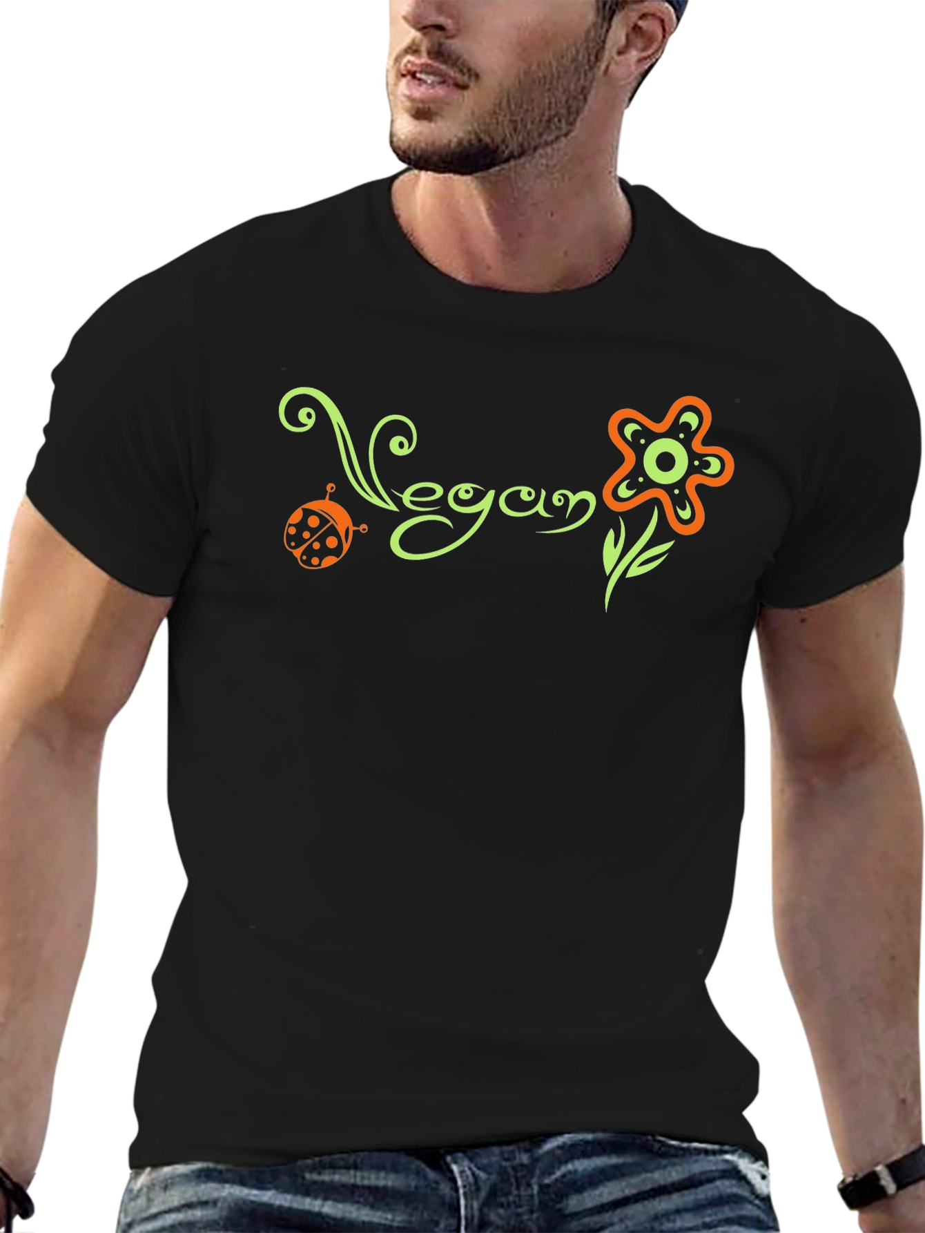 Vegan Flower Graphic Tee - Black Cotton T-Shirt
