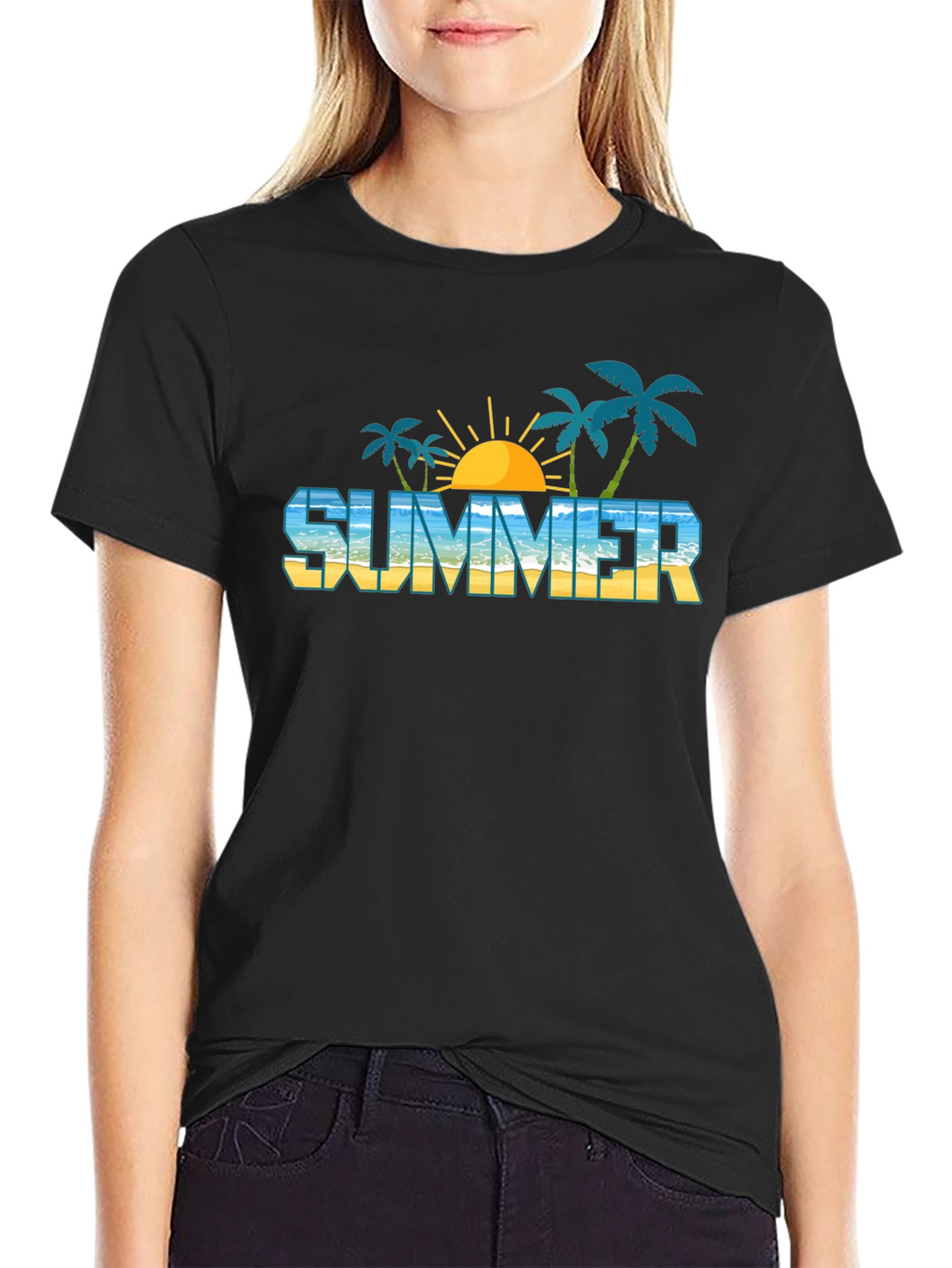 Summer Beach Graphic Black T-Shirt