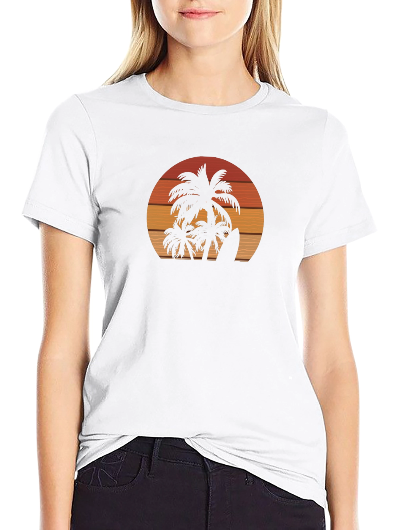 Sunset Palm Tree Surfboard Black Graphic T-Shirt