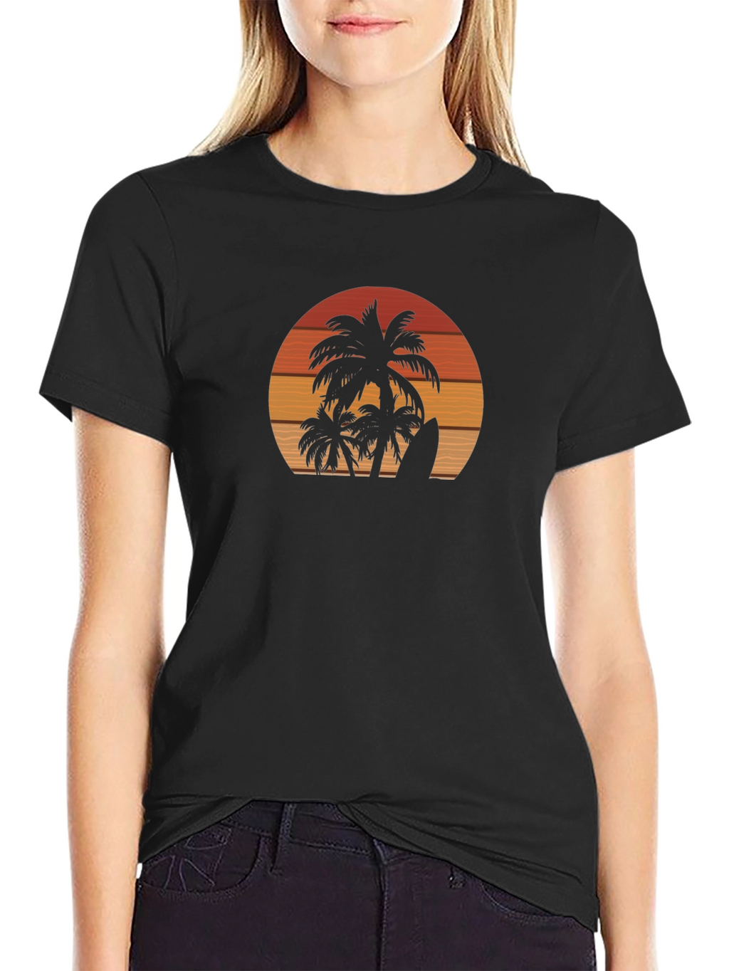 Sunset Palm Tree Surfboard Black Graphic T-Shirt