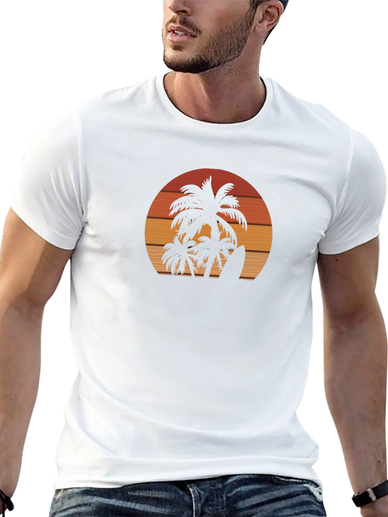 Sunset Palm Tree Surfboard Black Graphic T-Shirt