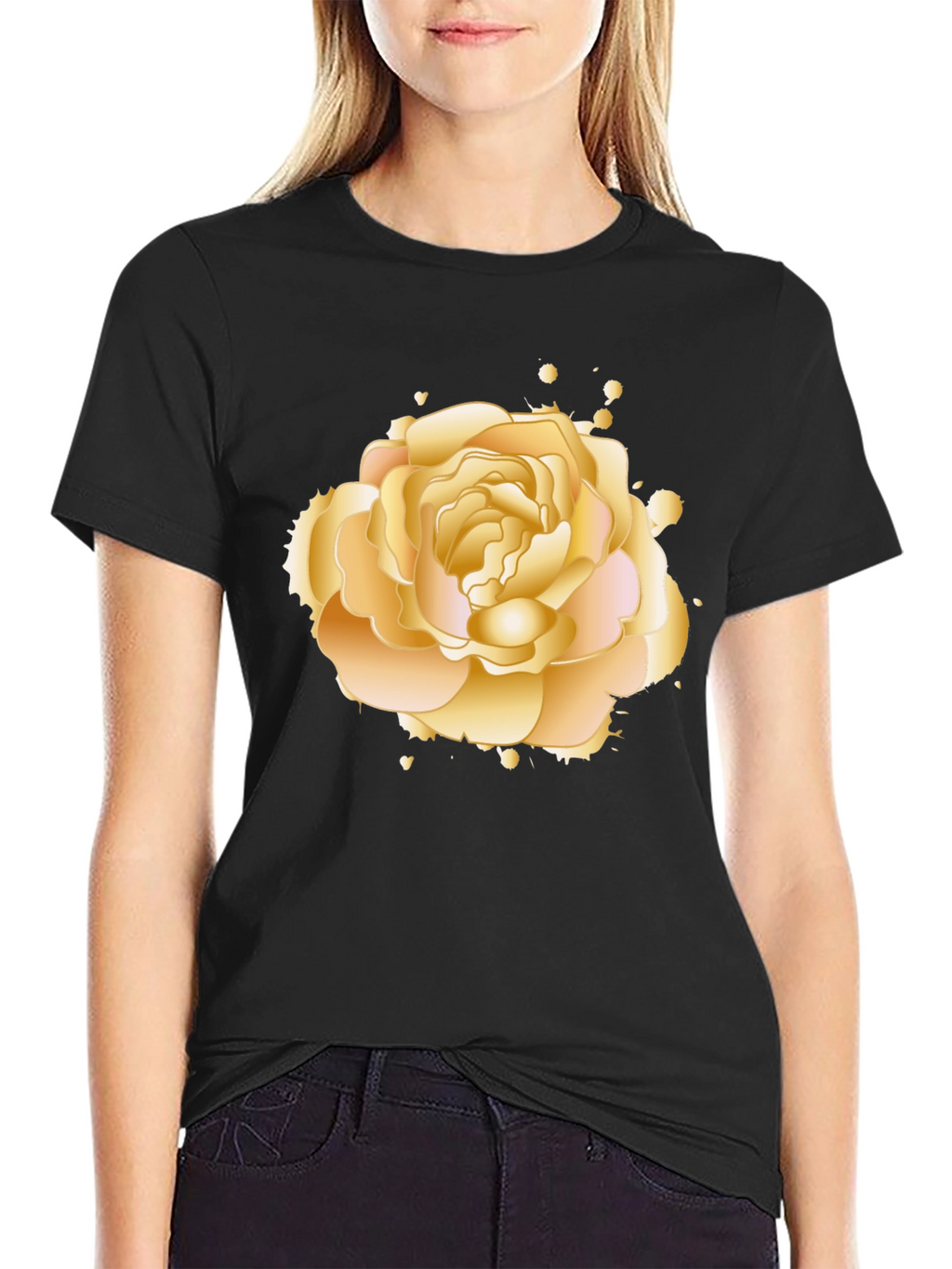 Golden Rose Graphic Tee - Elegant Floral Design