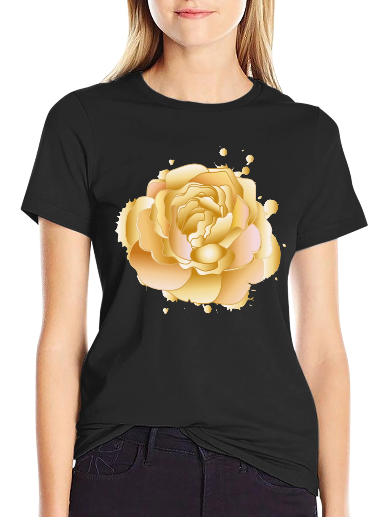 Golden Rose Graphic Tee - Elegant Floral Design