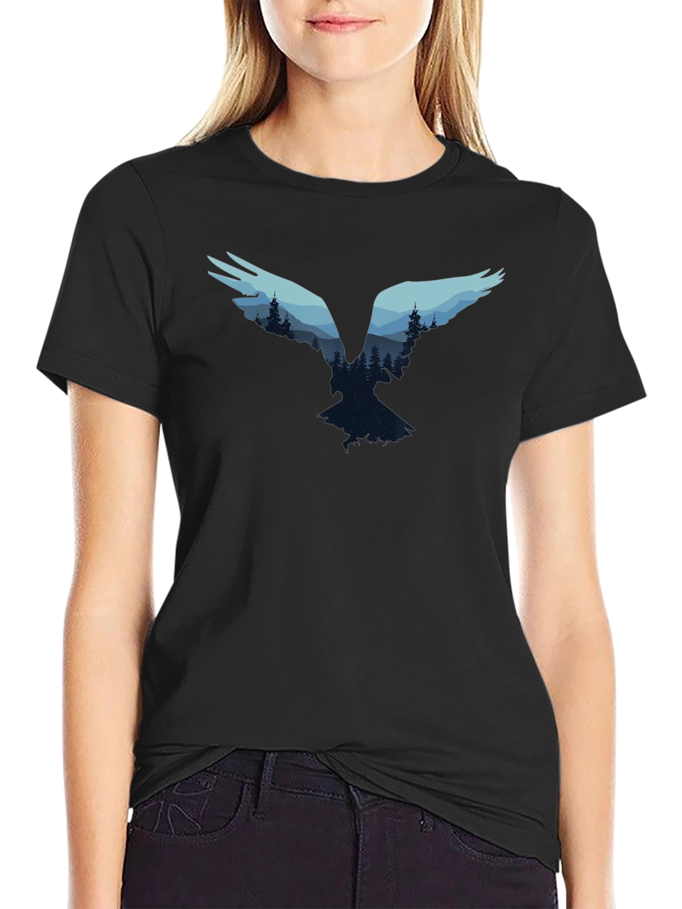 Nature Bird Graphic Tee - Black Cotton Blend