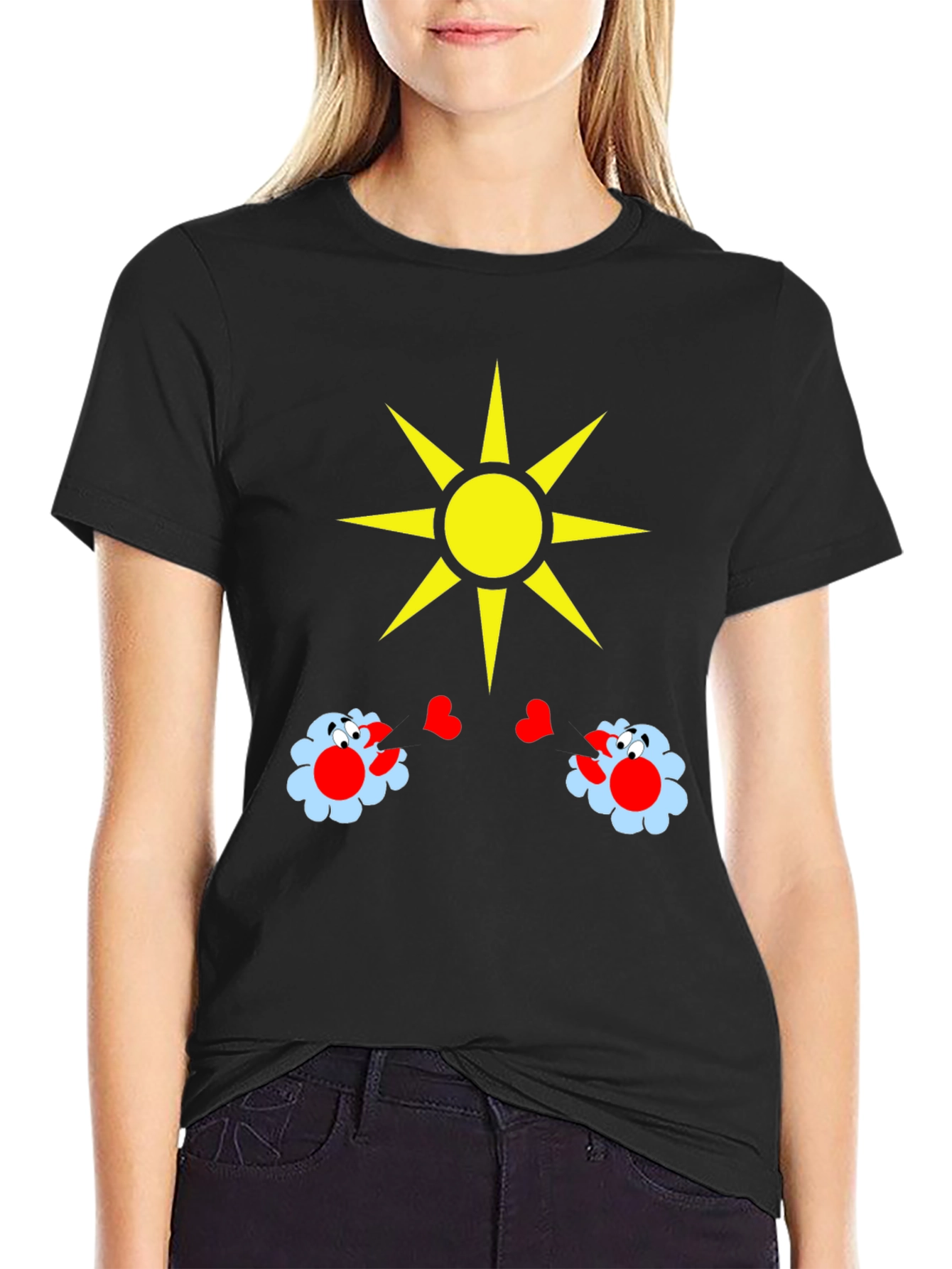 Novelty Graphic T-Shirt with Sun and Flower Design