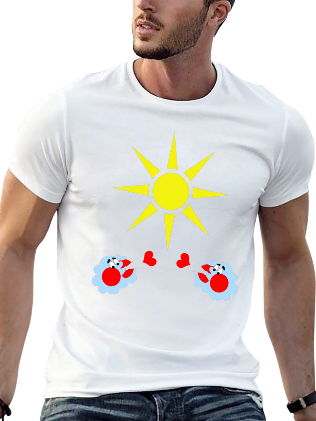 Novelty Graphic T-Shirt with Sun and Flower Design