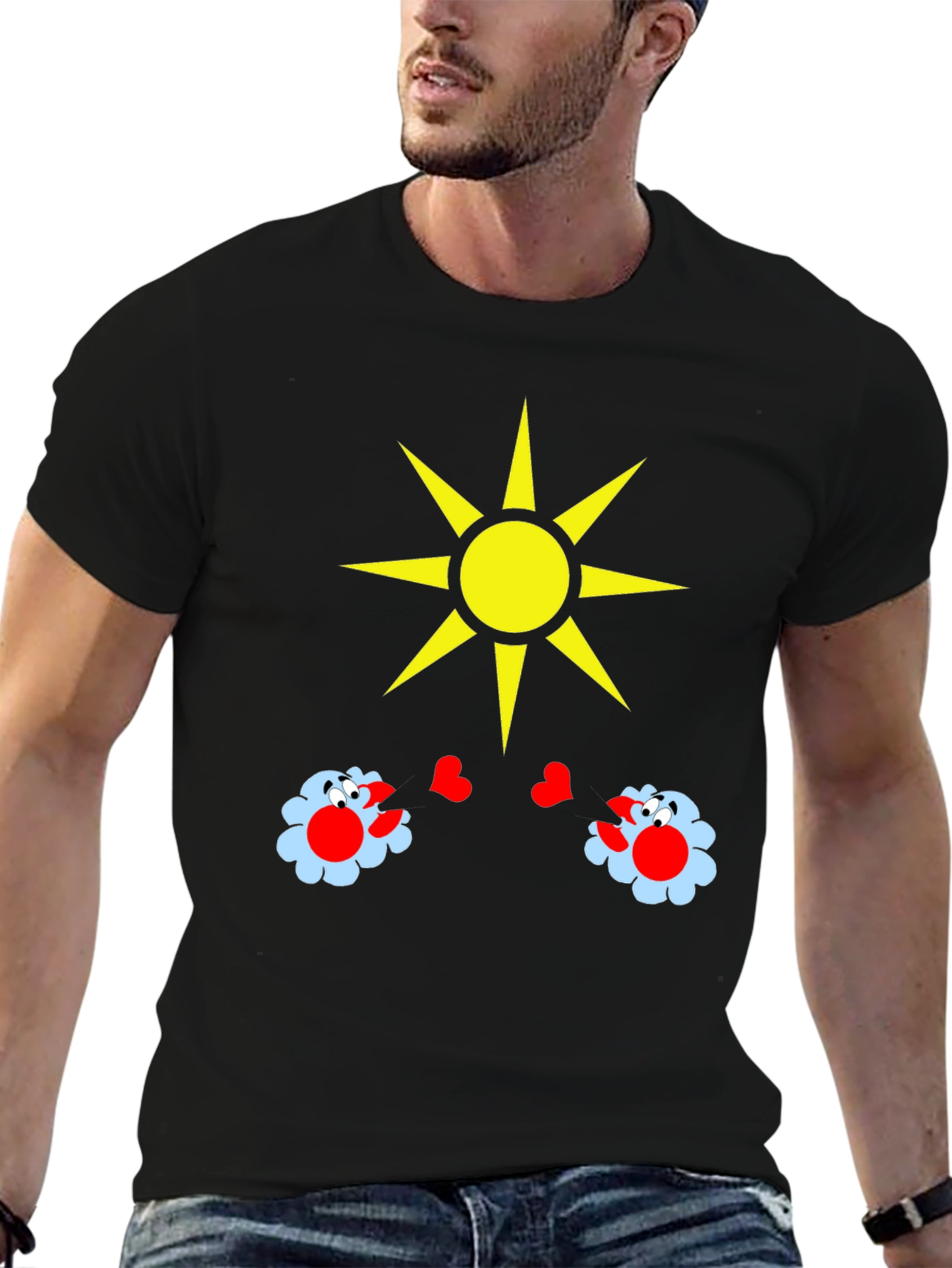 Novelty Graphic T-Shirt with Sun and Flower Design