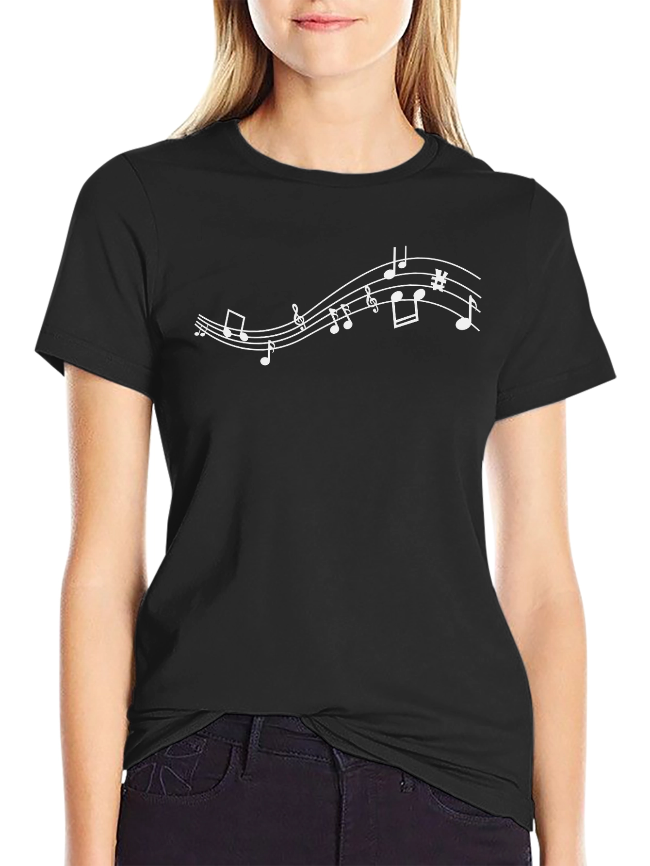 Musical Note Staff Graphic Tee - Black Cotton Shirt