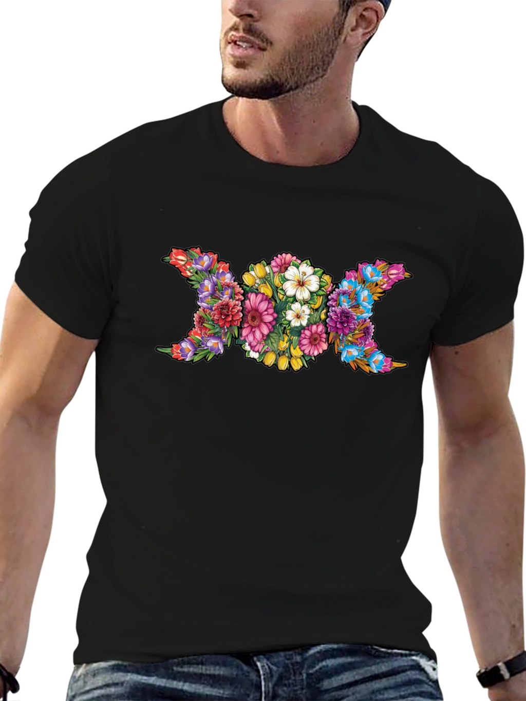 Floral Triple Moon Goddess Black T-Shirt