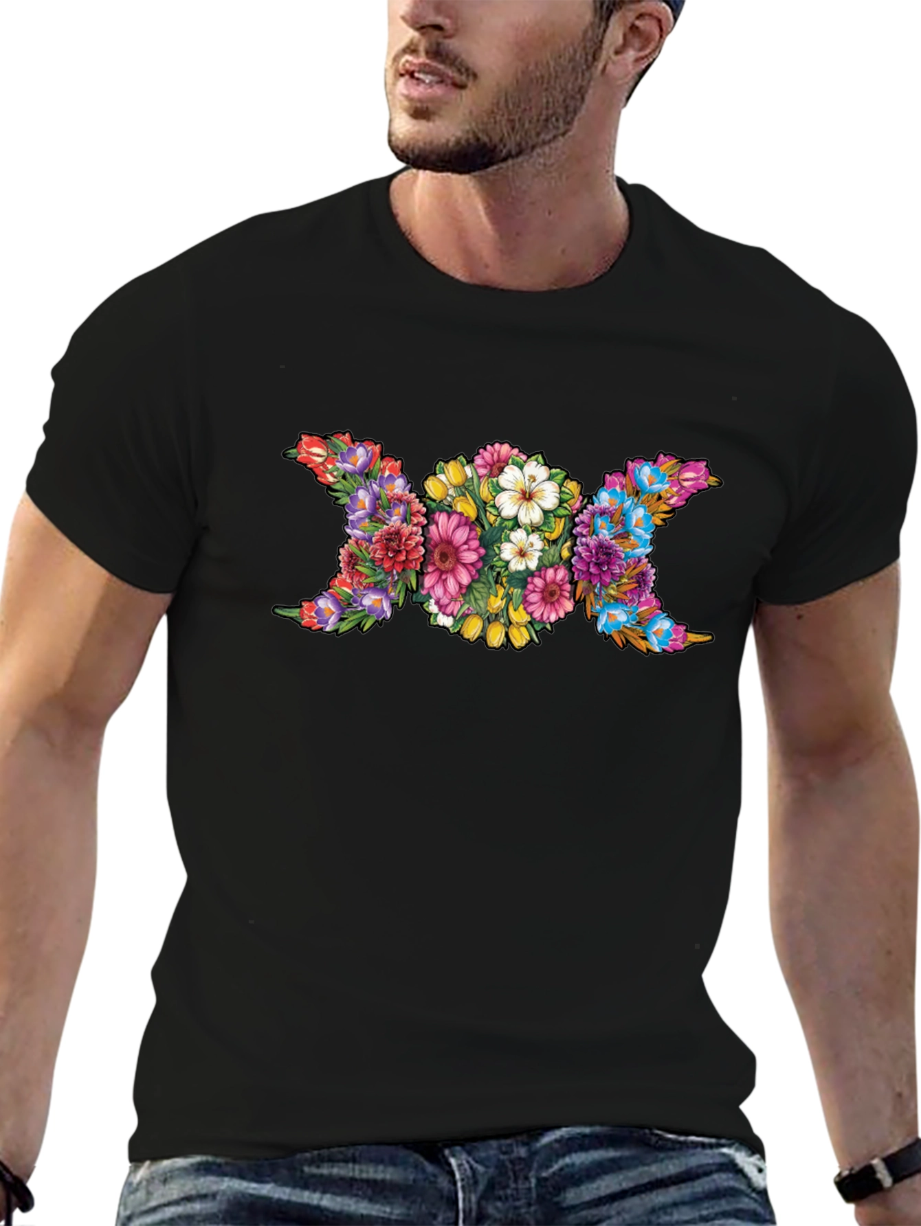 Floral Triple Moon Goddess Black T-Shirt