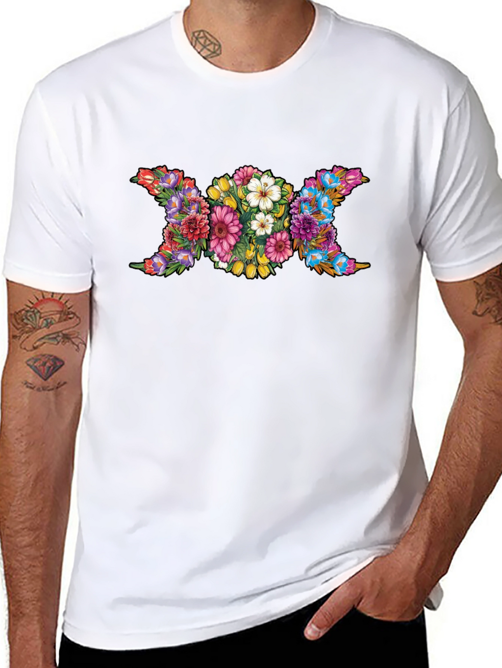 Floral Triple Moon Goddess Black T-Shirt