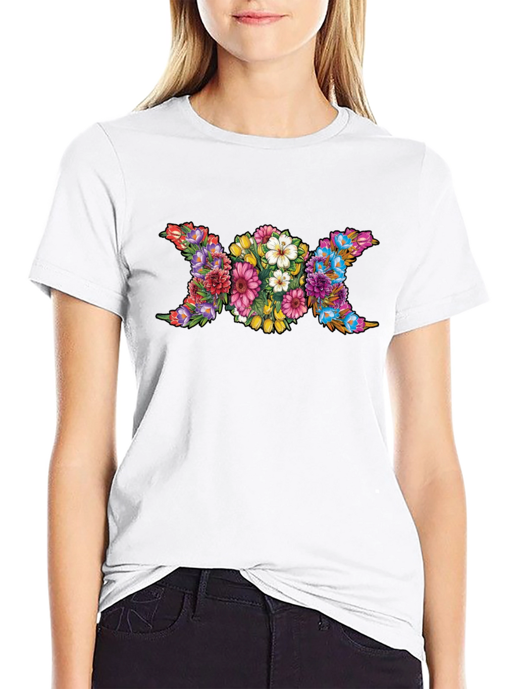 Floral Triple Moon Goddess Black T-Shirt
