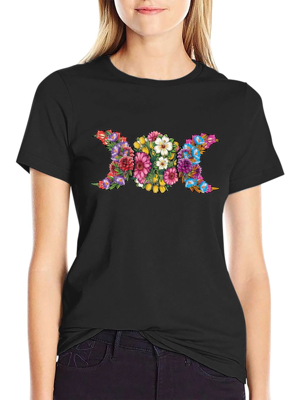 Floral Triple Moon Goddess Black T-Shirt