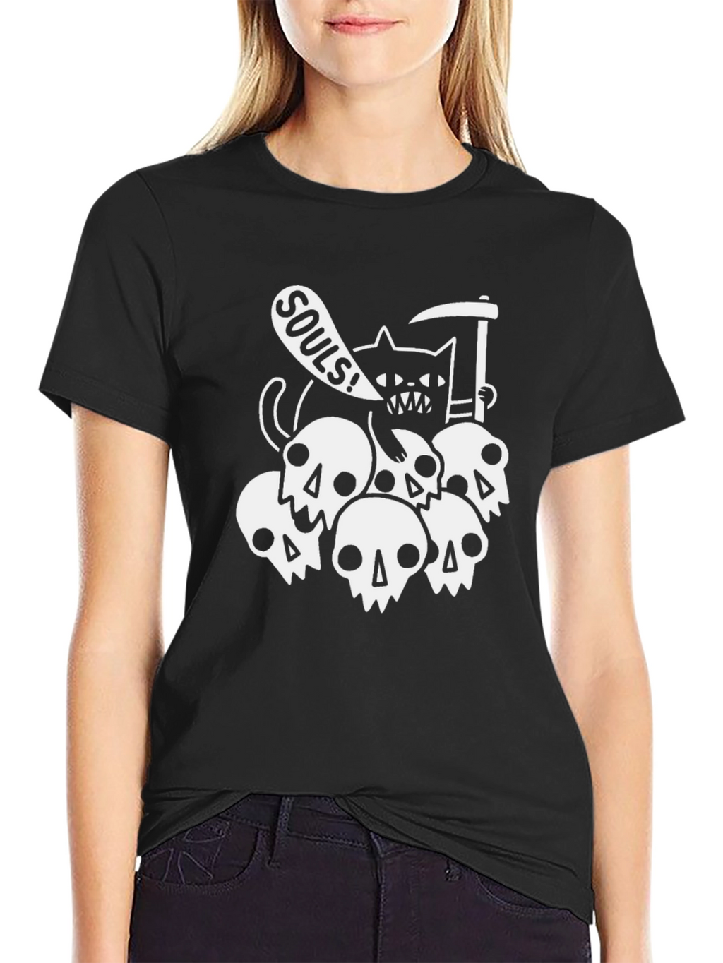 Grim Reaper Cat Souls Black Graphic T-Shirt