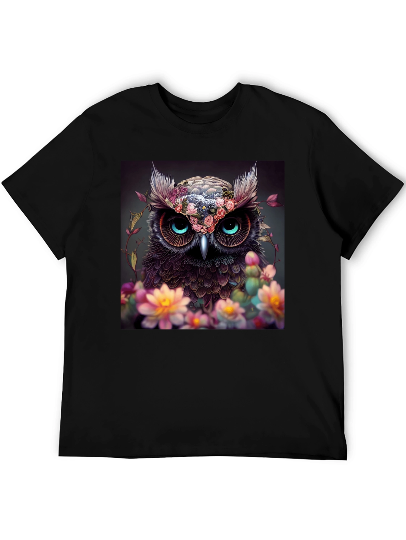 Owl & Floral Graphic Black T-Shirt