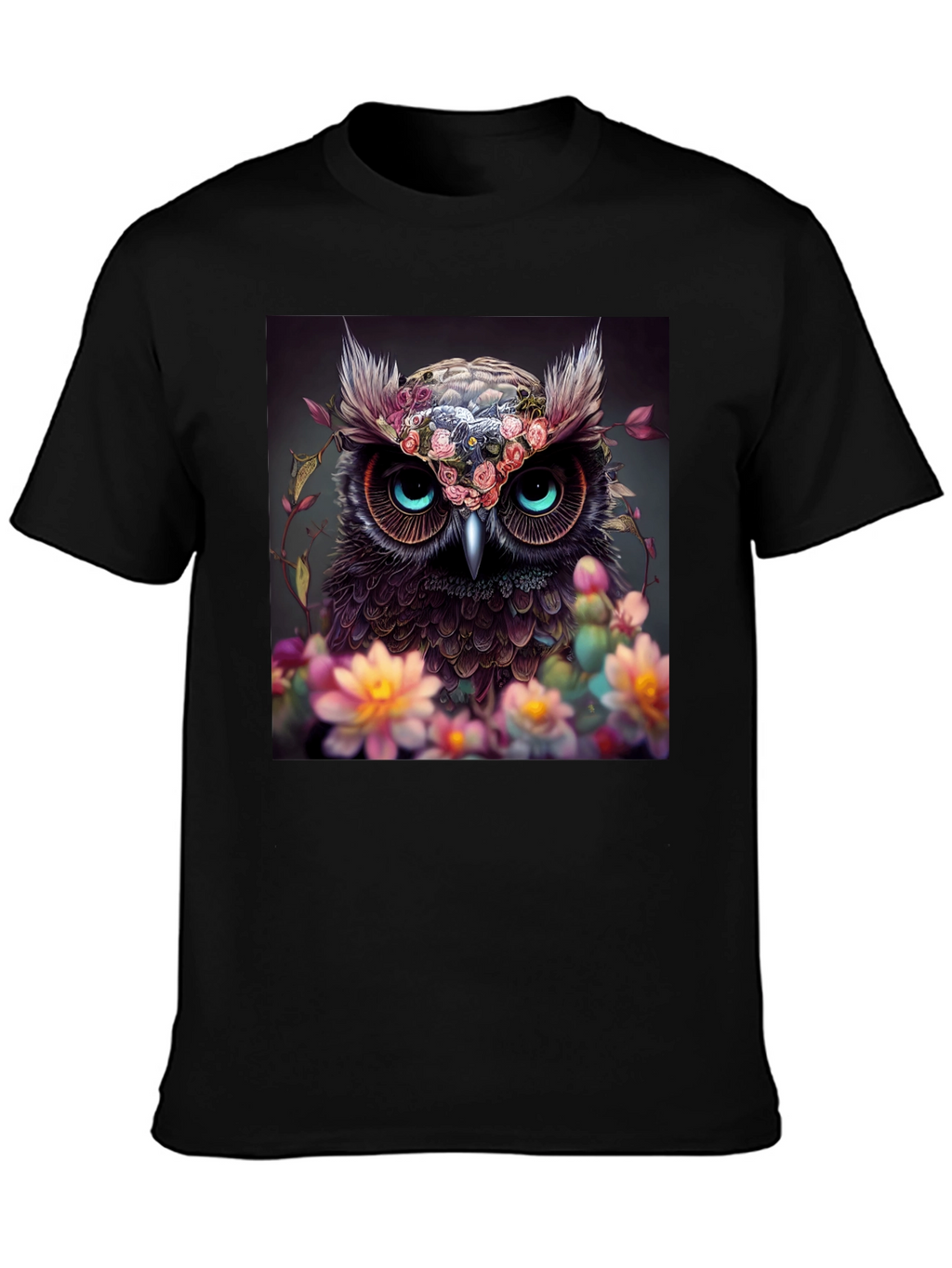 Owl & Floral Graphic Black T-Shirt
