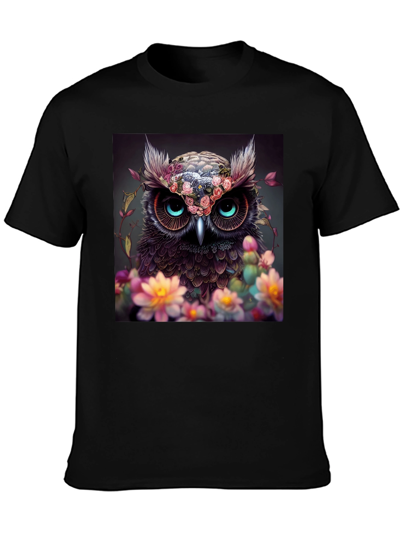 Owl & Floral Graphic Black T-Shirt