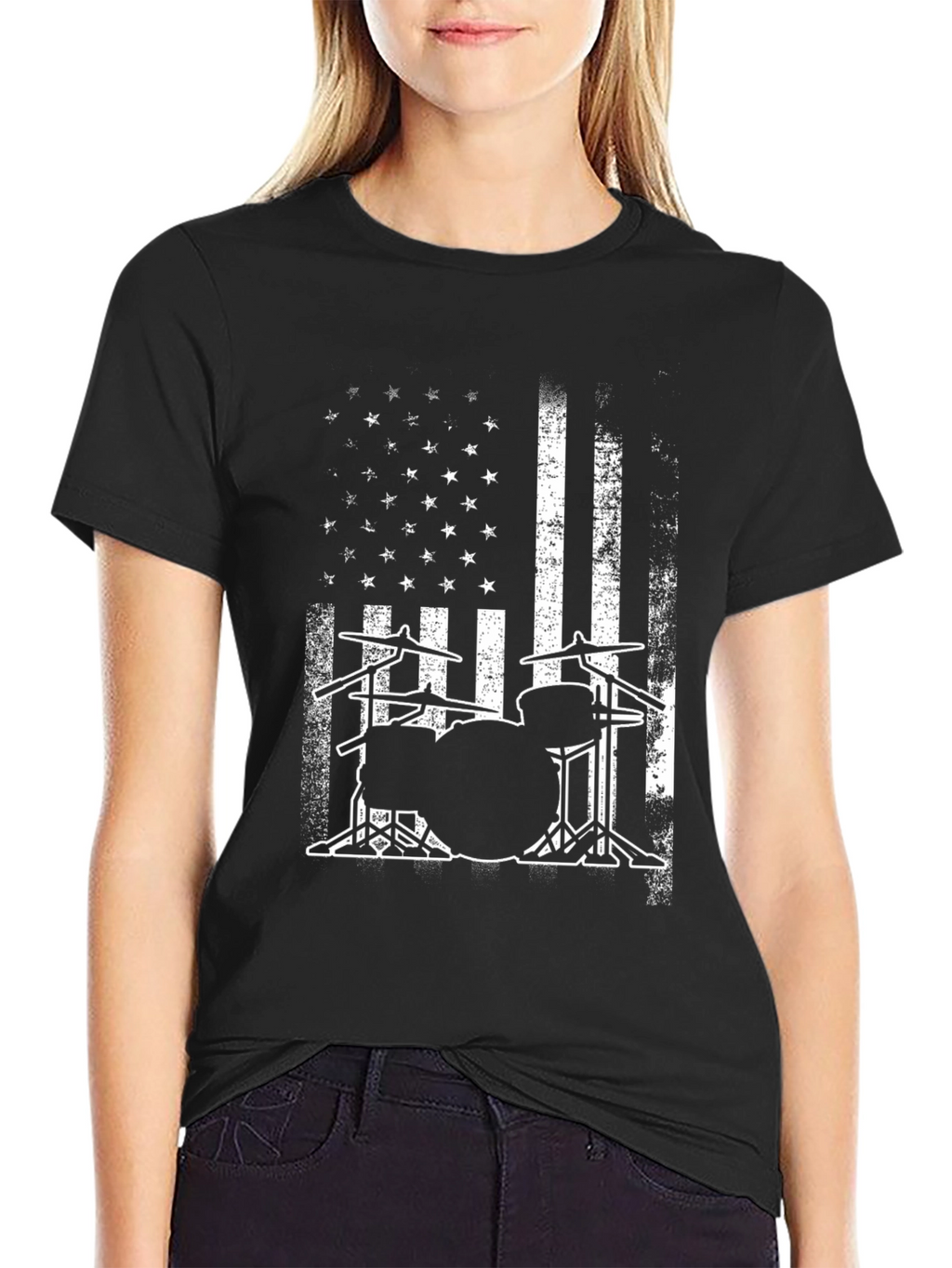 Drum Set American Flag Graphic T-Shirt