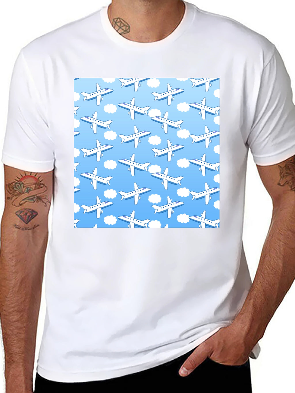 Airplane Pattern T-Shirt - Sky Blue & White Design