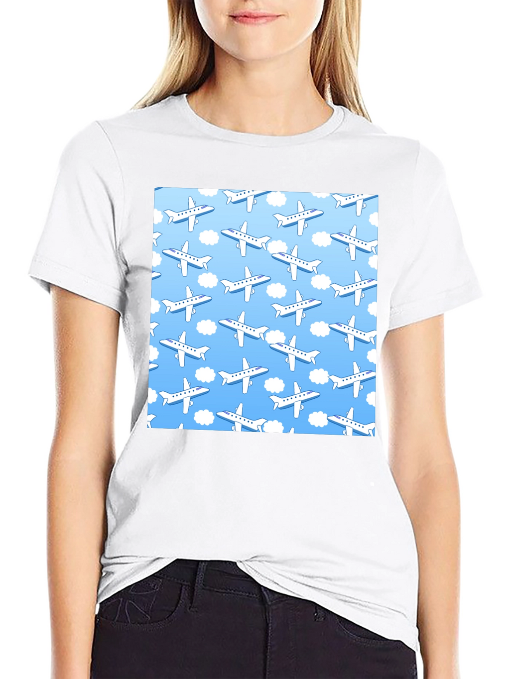 Airplane Pattern T-Shirt - Sky Blue & White Design
