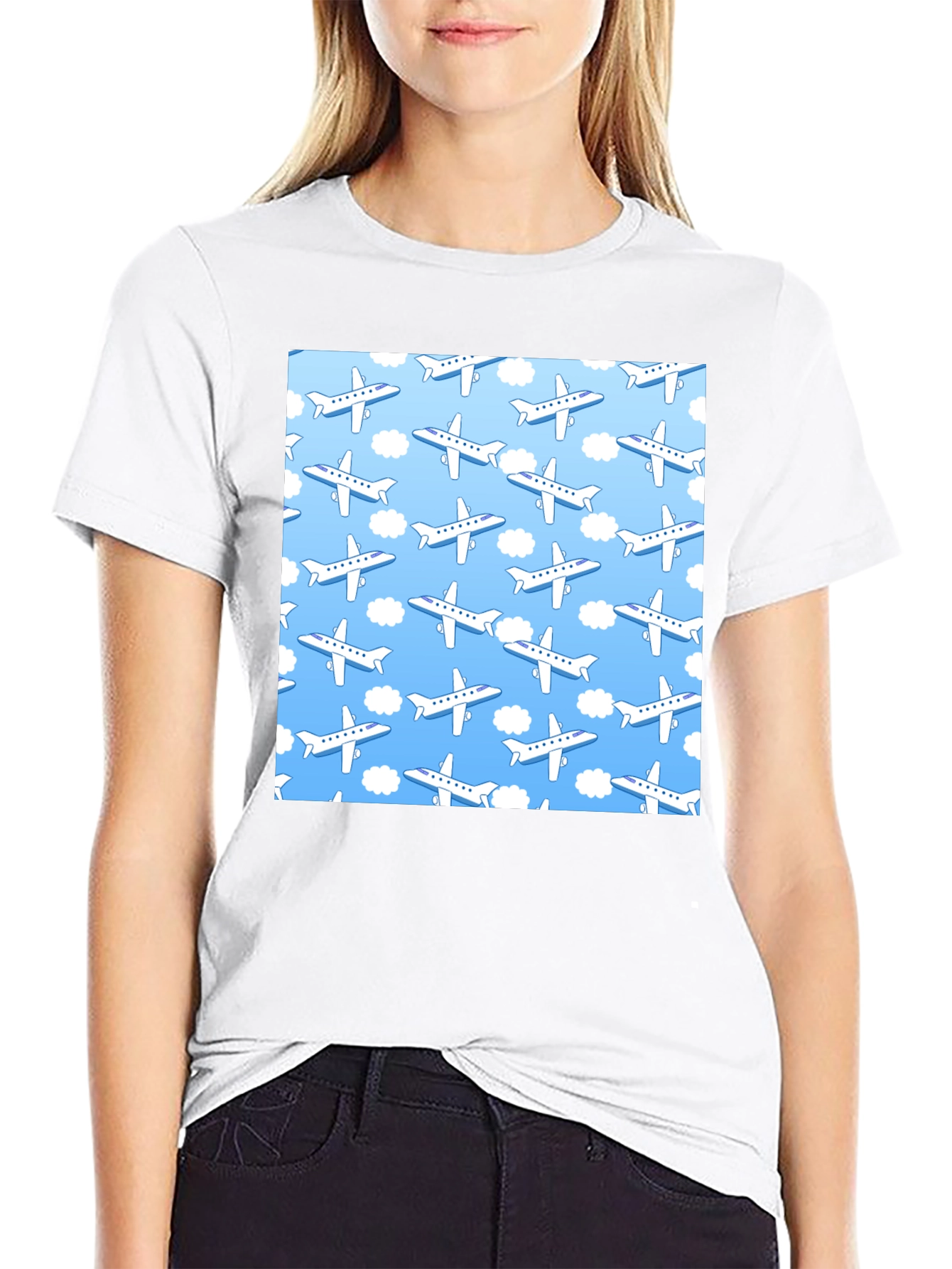 Airplane Pattern T-Shirt - Sky Blue & White Design