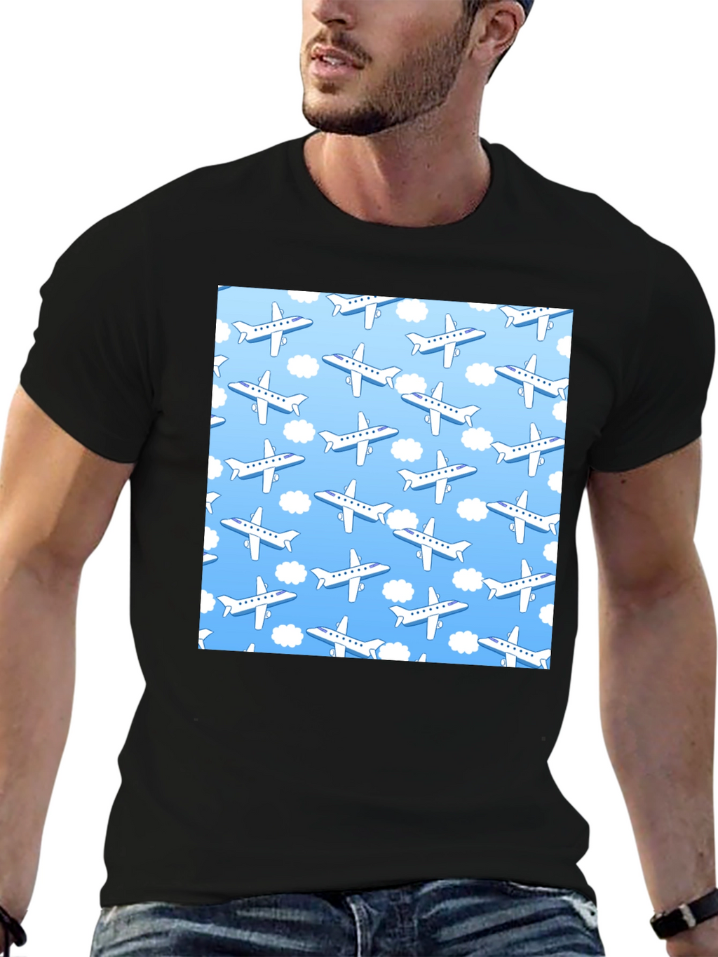 Airplane Pattern T-Shirt - Sky Blue & White Design