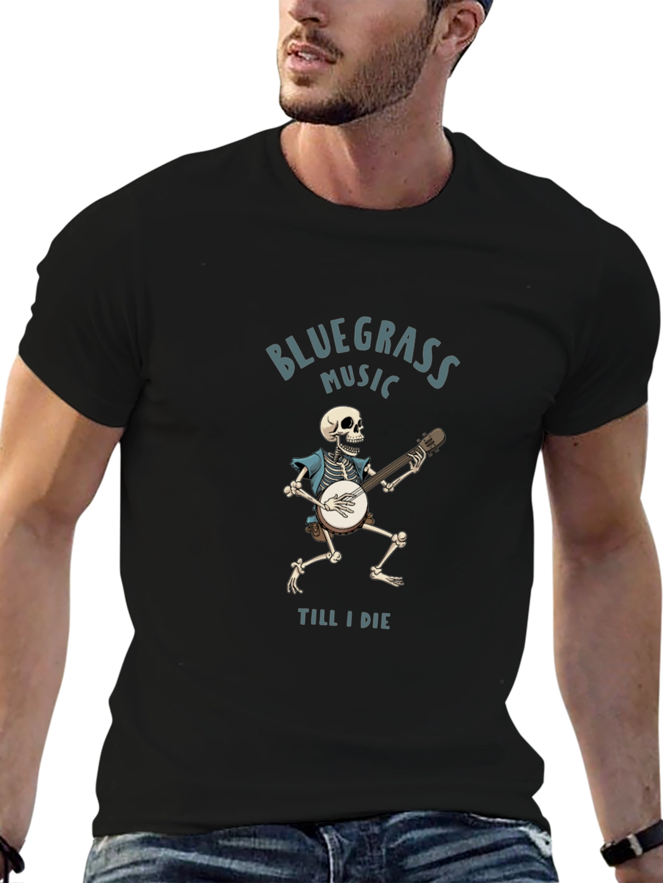 Bluegrass Music Till I Die T-Shirt - Skeleton Banjo Player