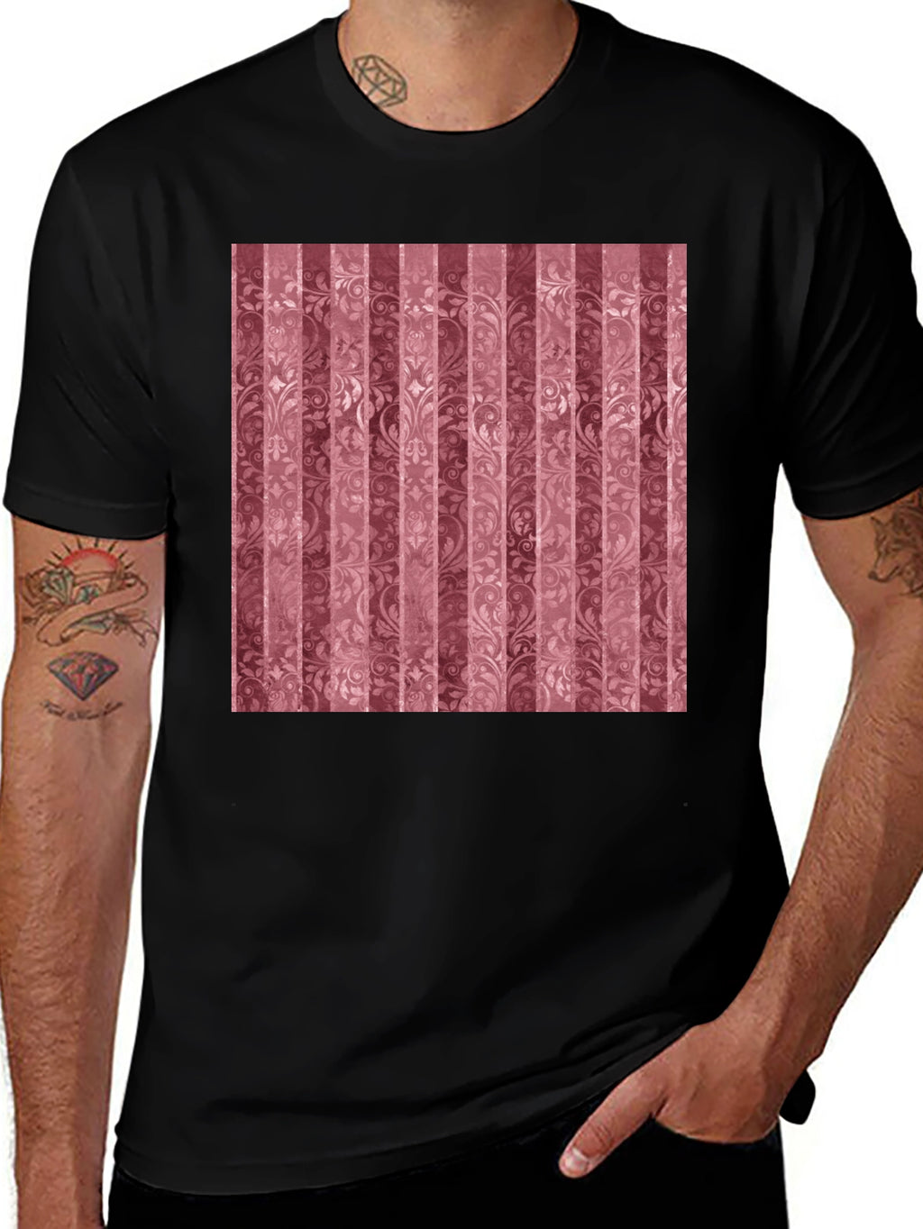 Striped Floral Pattern Black T-Shirt