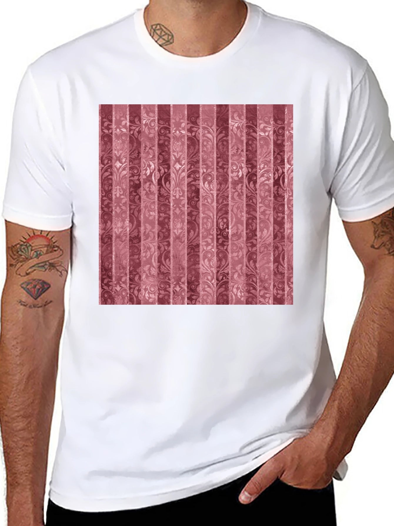 Striped Floral Pattern Black T-Shirt