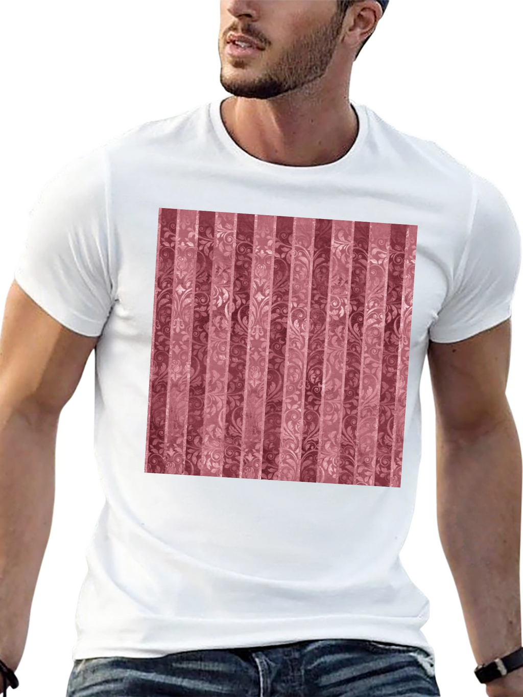 Striped Floral Pattern Black T-Shirt