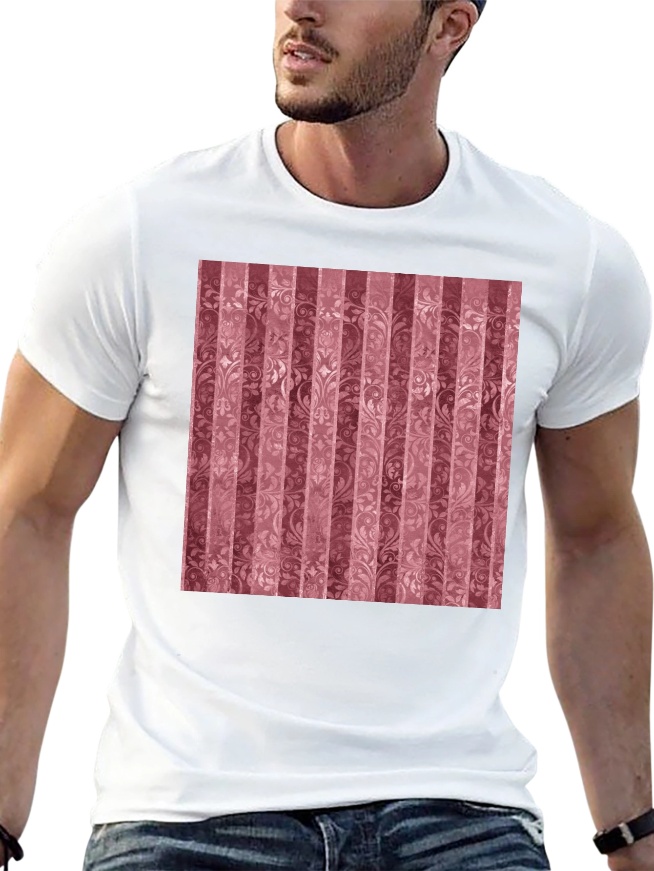 Striped Floral Pattern Black T-Shirt