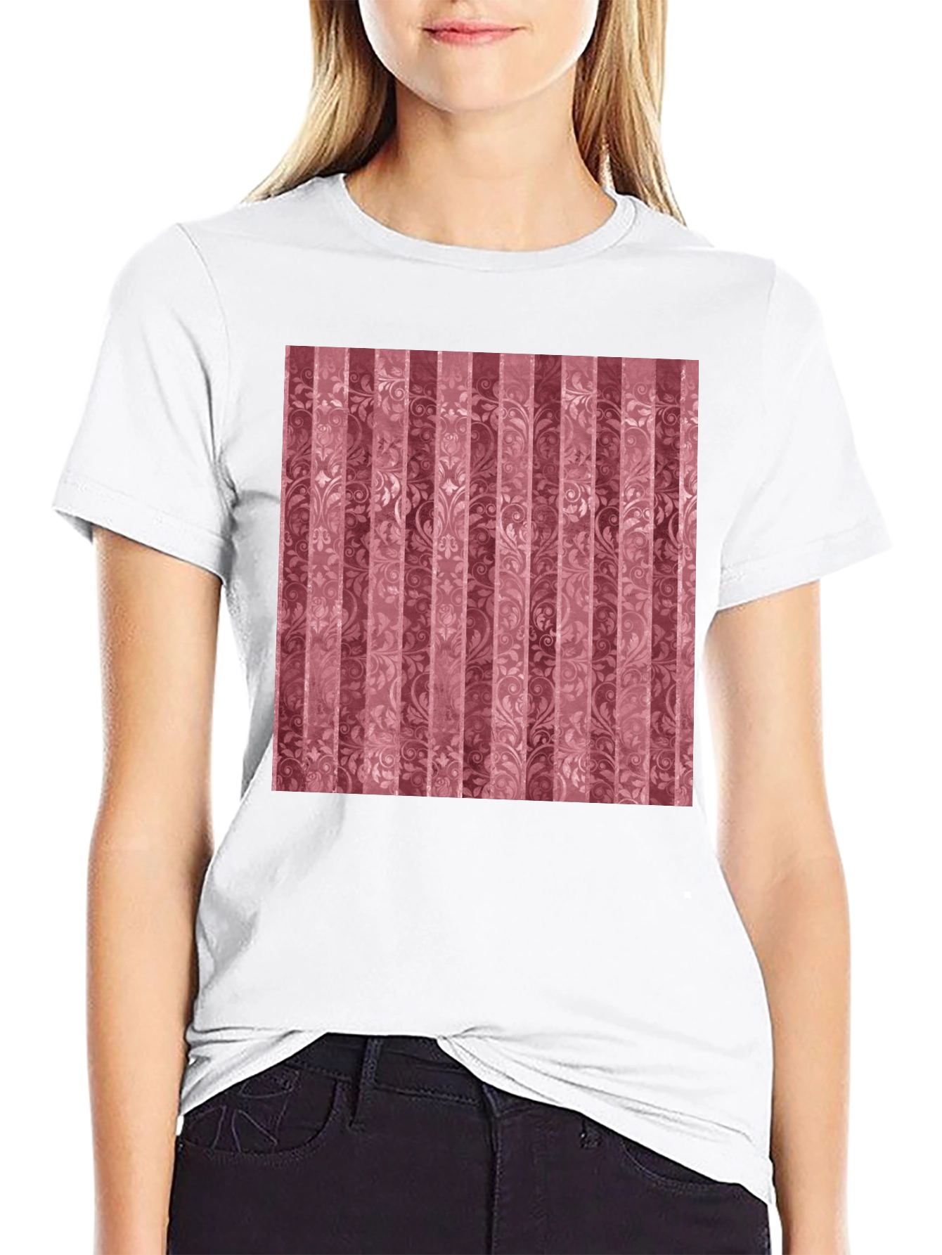 Striped Floral Pattern Black T-Shirt