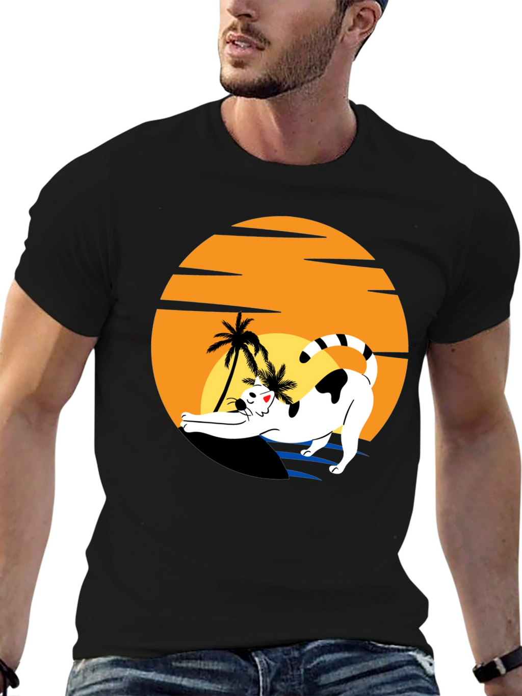 Cat Sunset Graphic Tee - Black Unisex T-Shirt