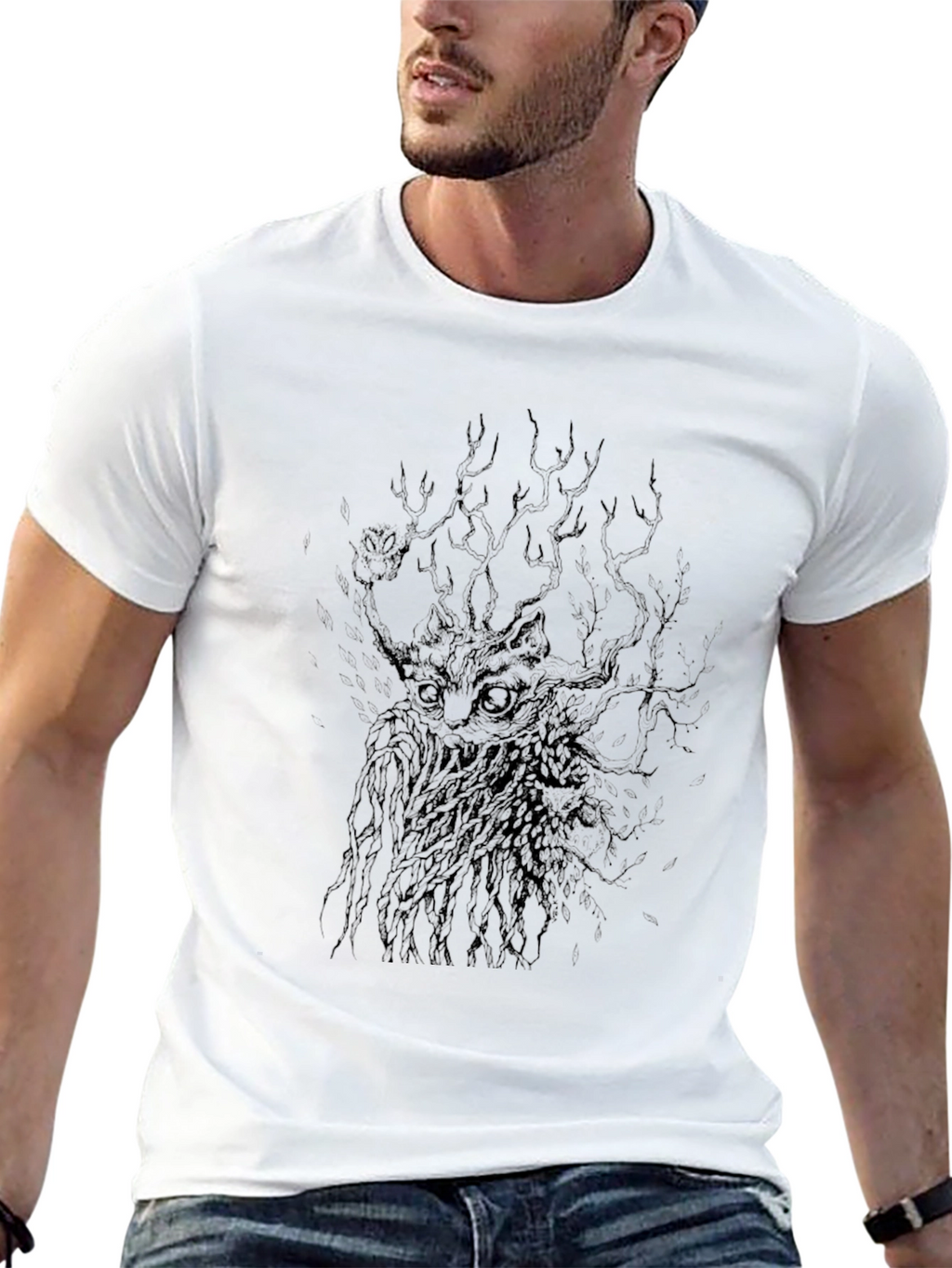Mens Black Graphic Tee - Mystical Cat Design