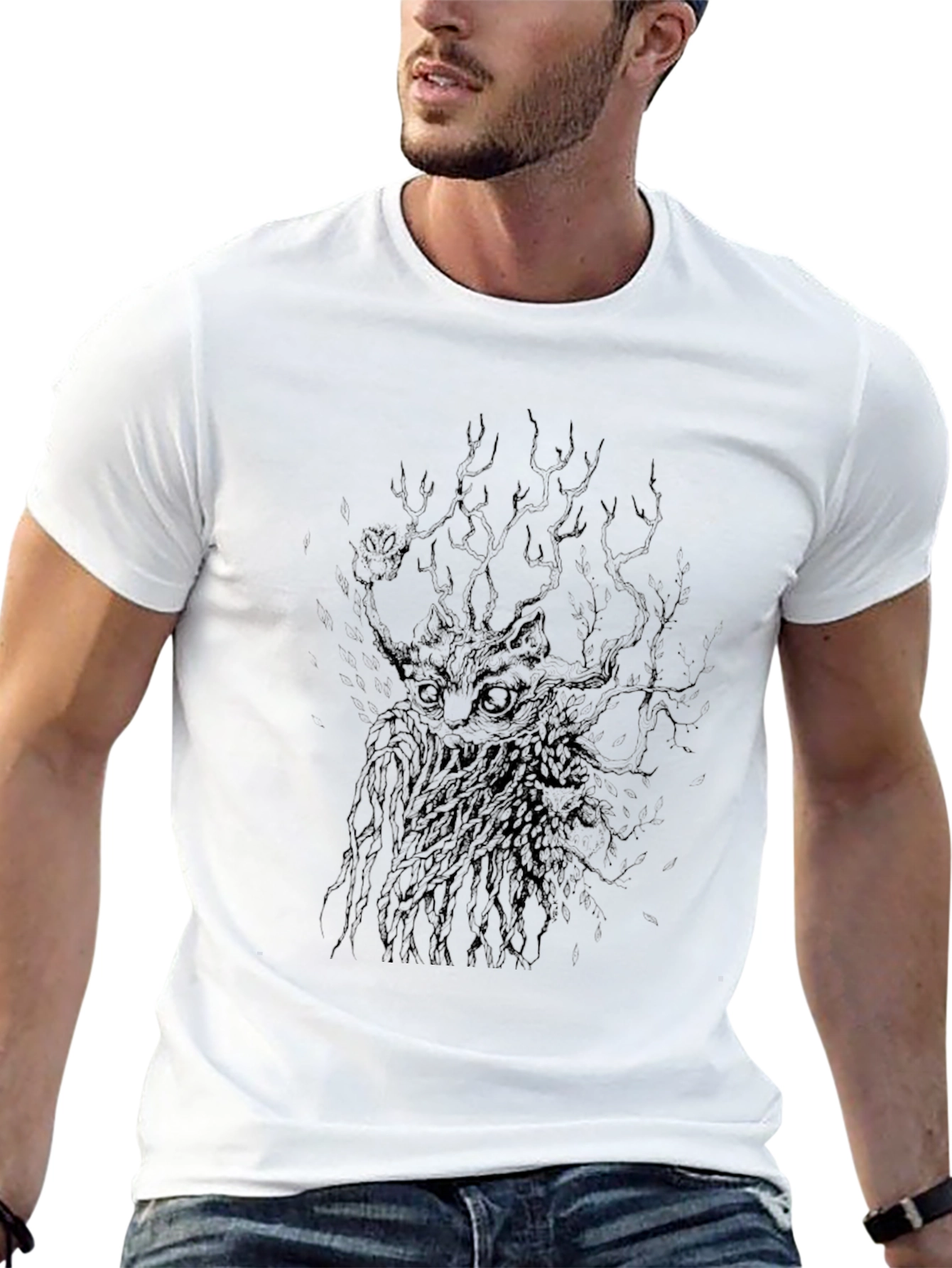 Mens Black Graphic Tee - Mystical Cat Design