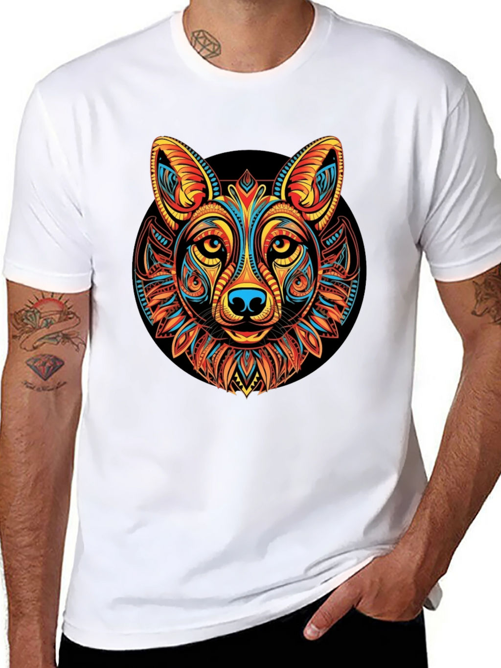 Tribal Wolf Graphic Black T-Shirt