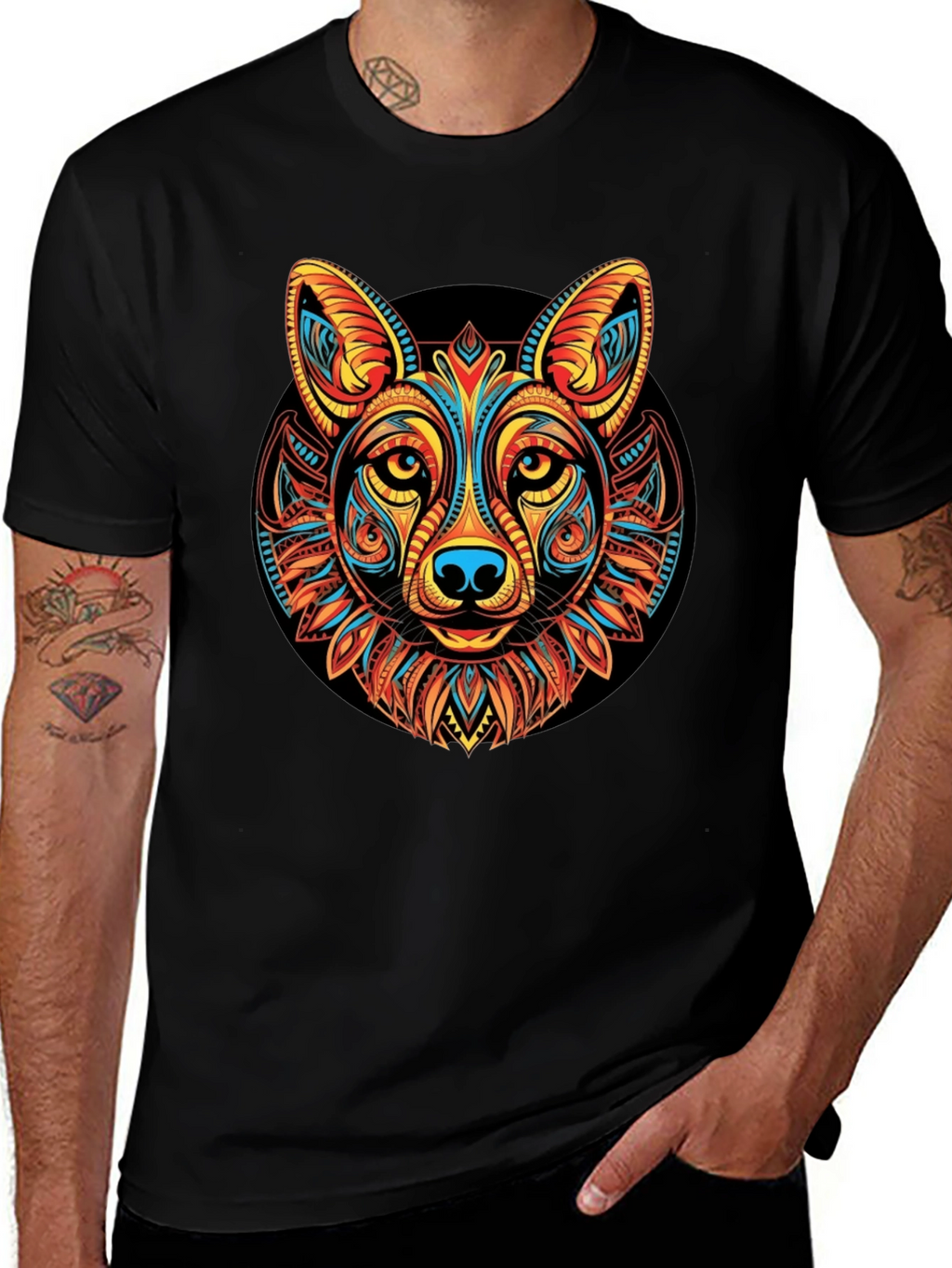 Tribal Wolf Graphic Black T-Shirt