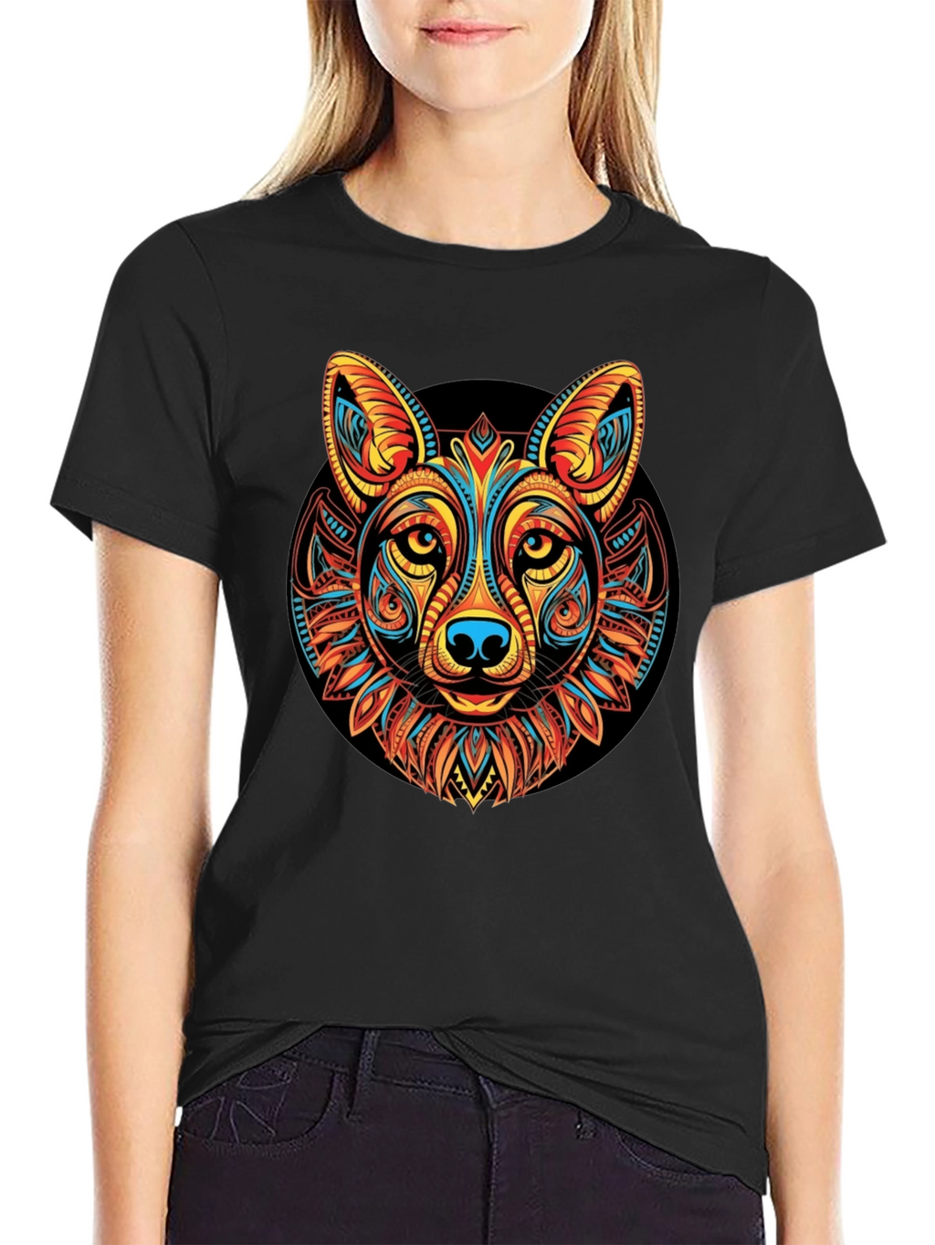 Tribal Wolf Graphic Black T-Shirt