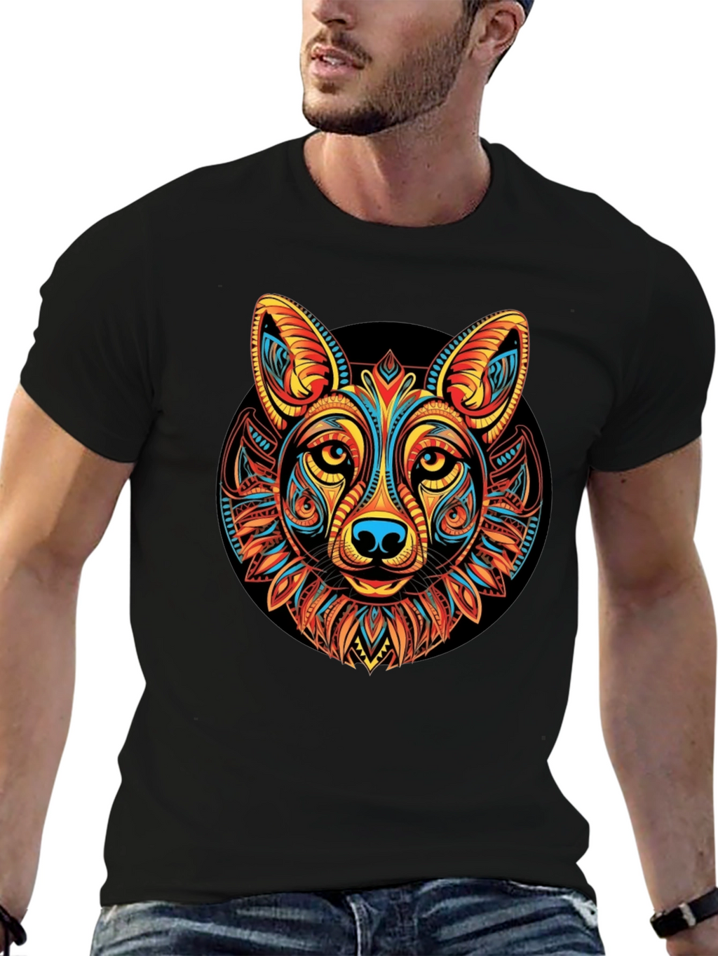 Tribal Wolf Graphic Black T-Shirt