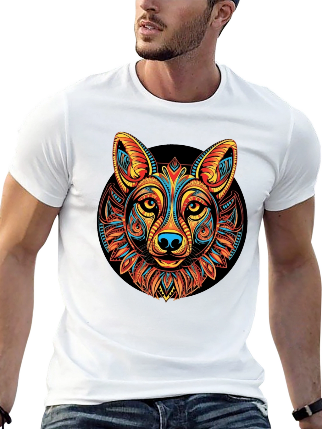 Tribal Wolf Graphic Black T-Shirt