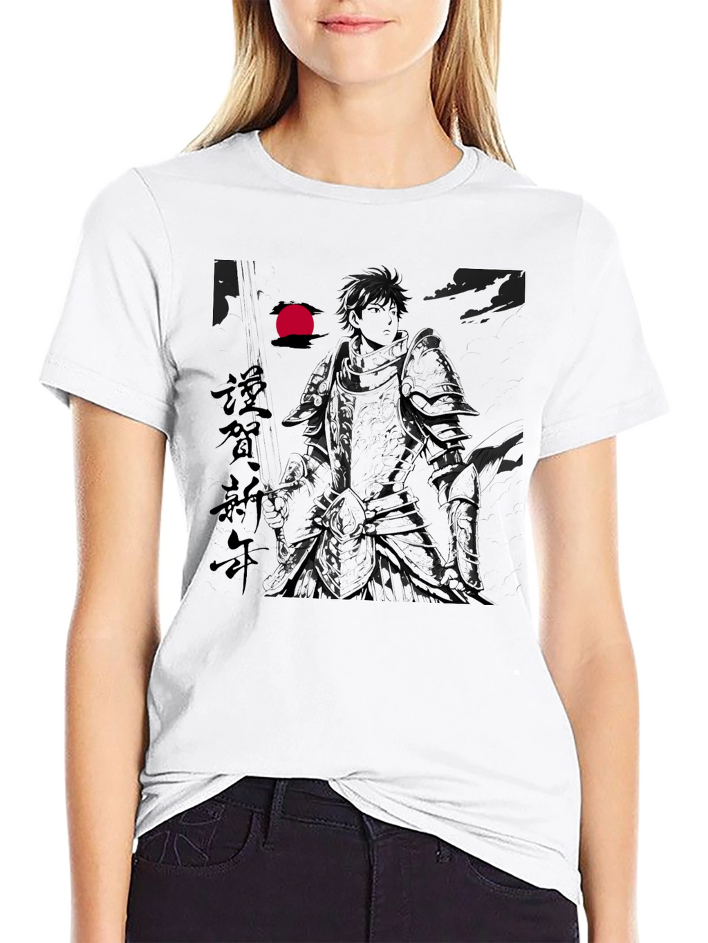 Anime Knight Graphic Print Black T-Shirt