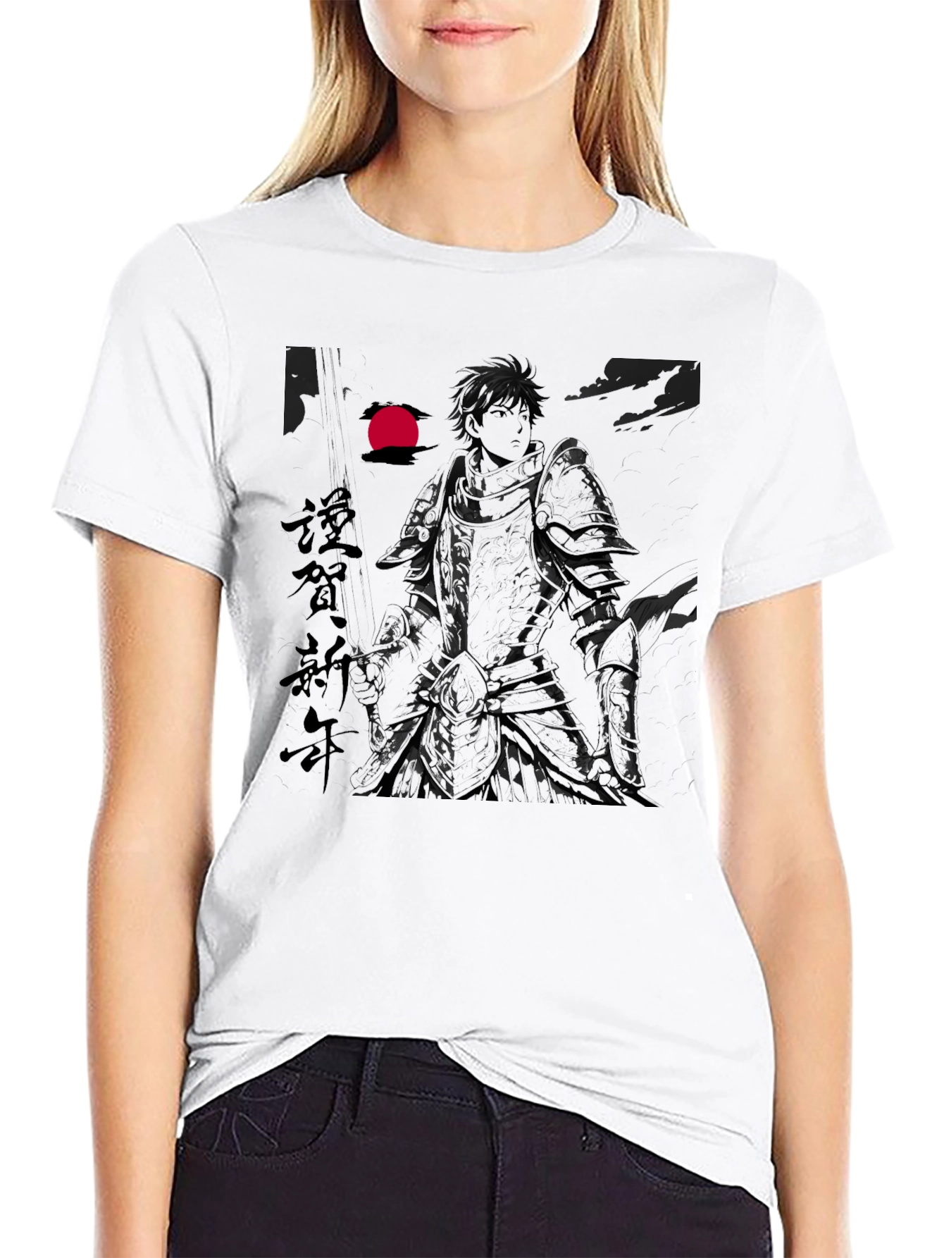 Anime Knight Graphic Print Black T-Shirt