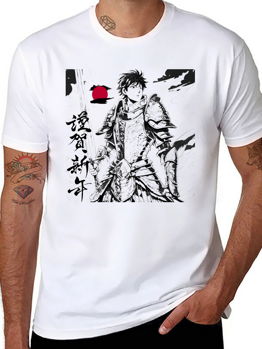 Anime Knight Graphic Print Black T-Shirt