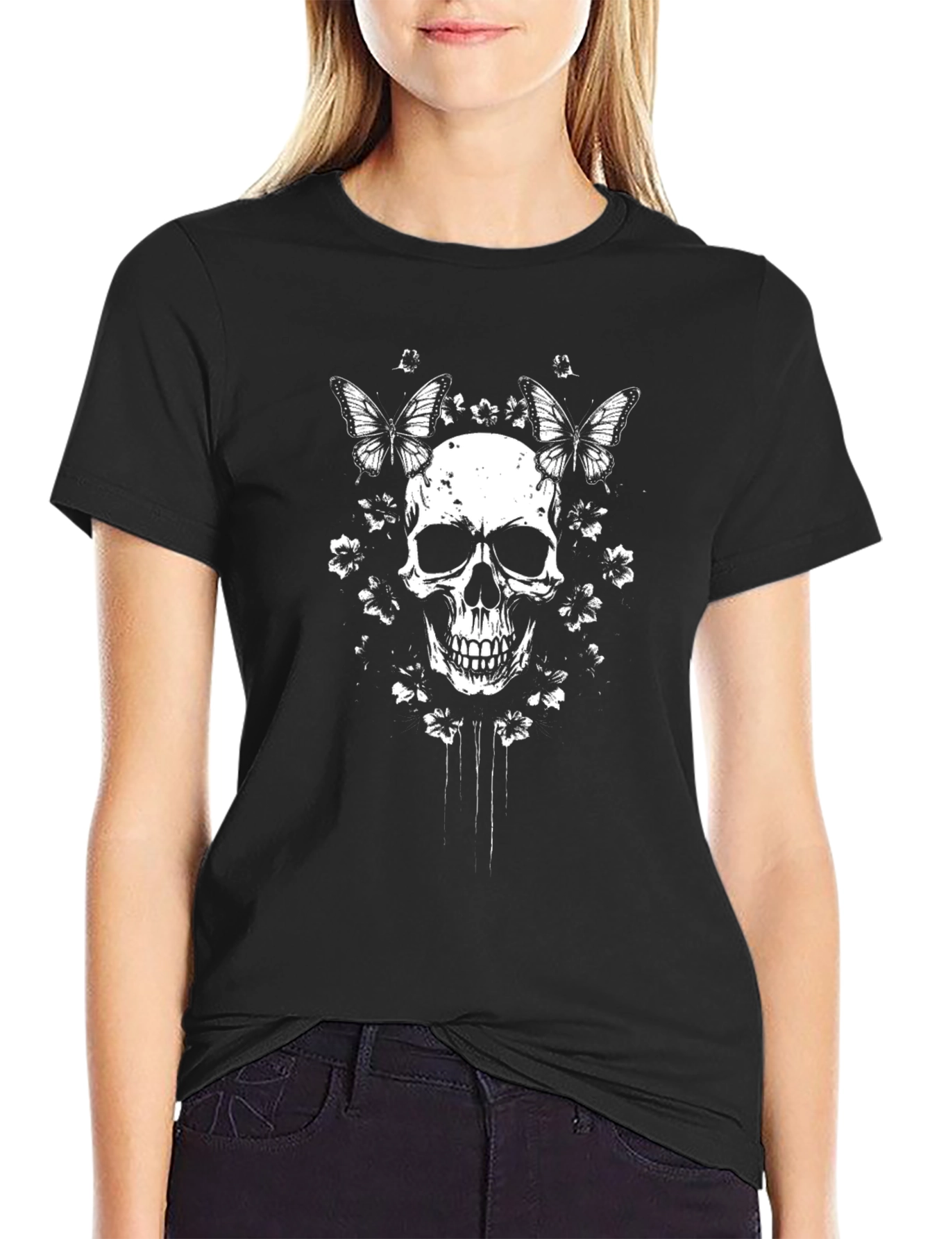 Skull & Butterfly Graphic T-Shirt - Black