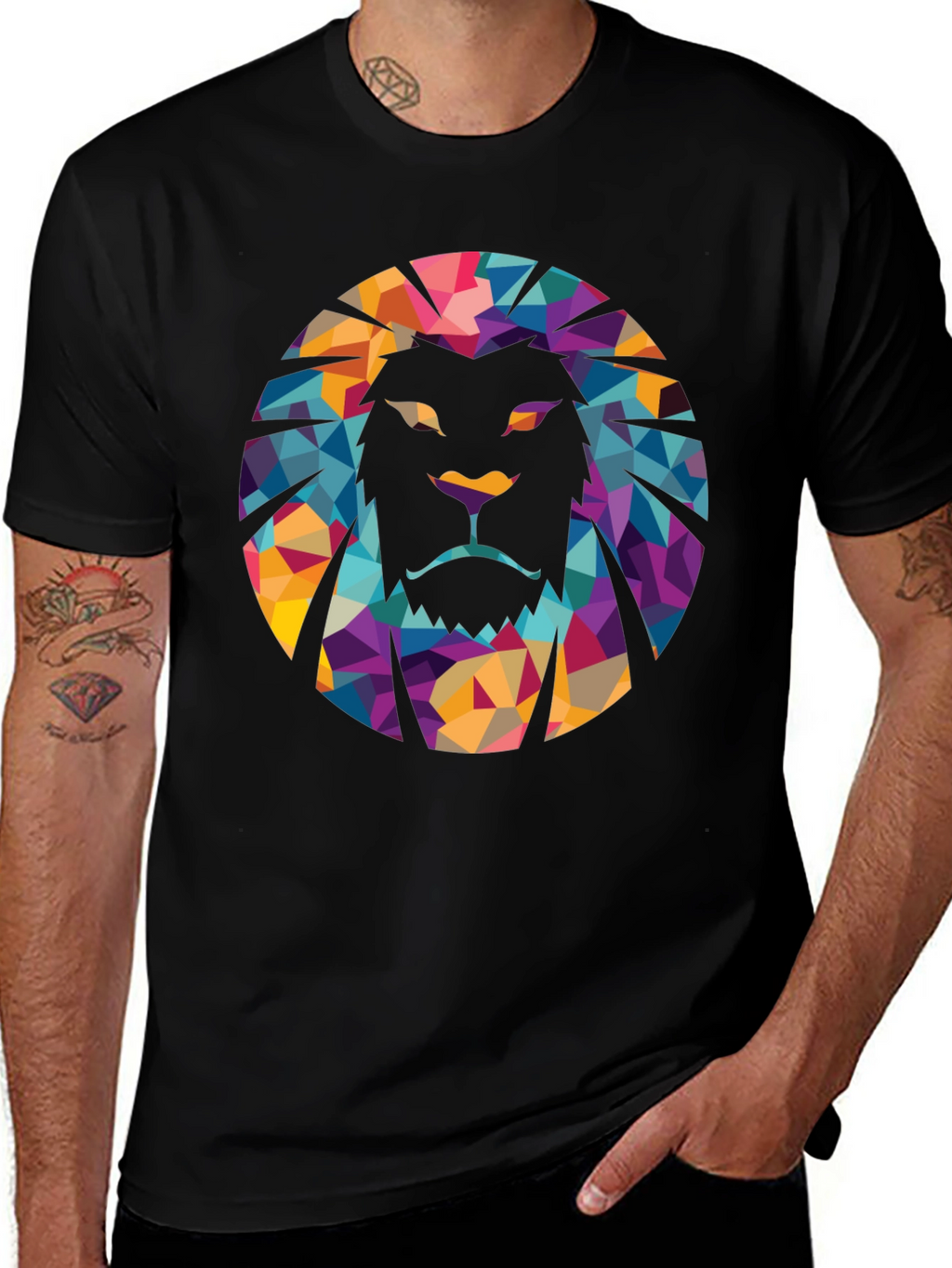 Geometric Lion Graphic Black T-Shirt