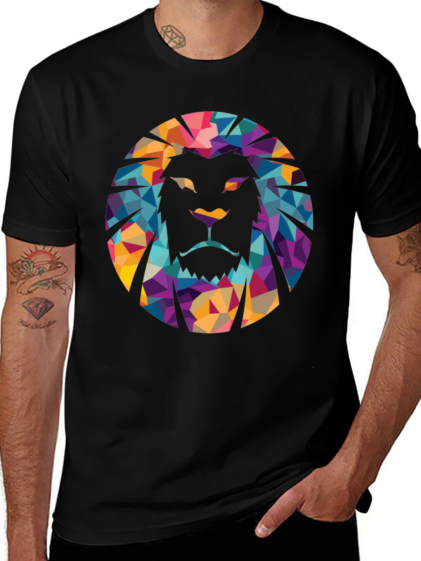 Geometric Lion Graphic Black T-Shirt