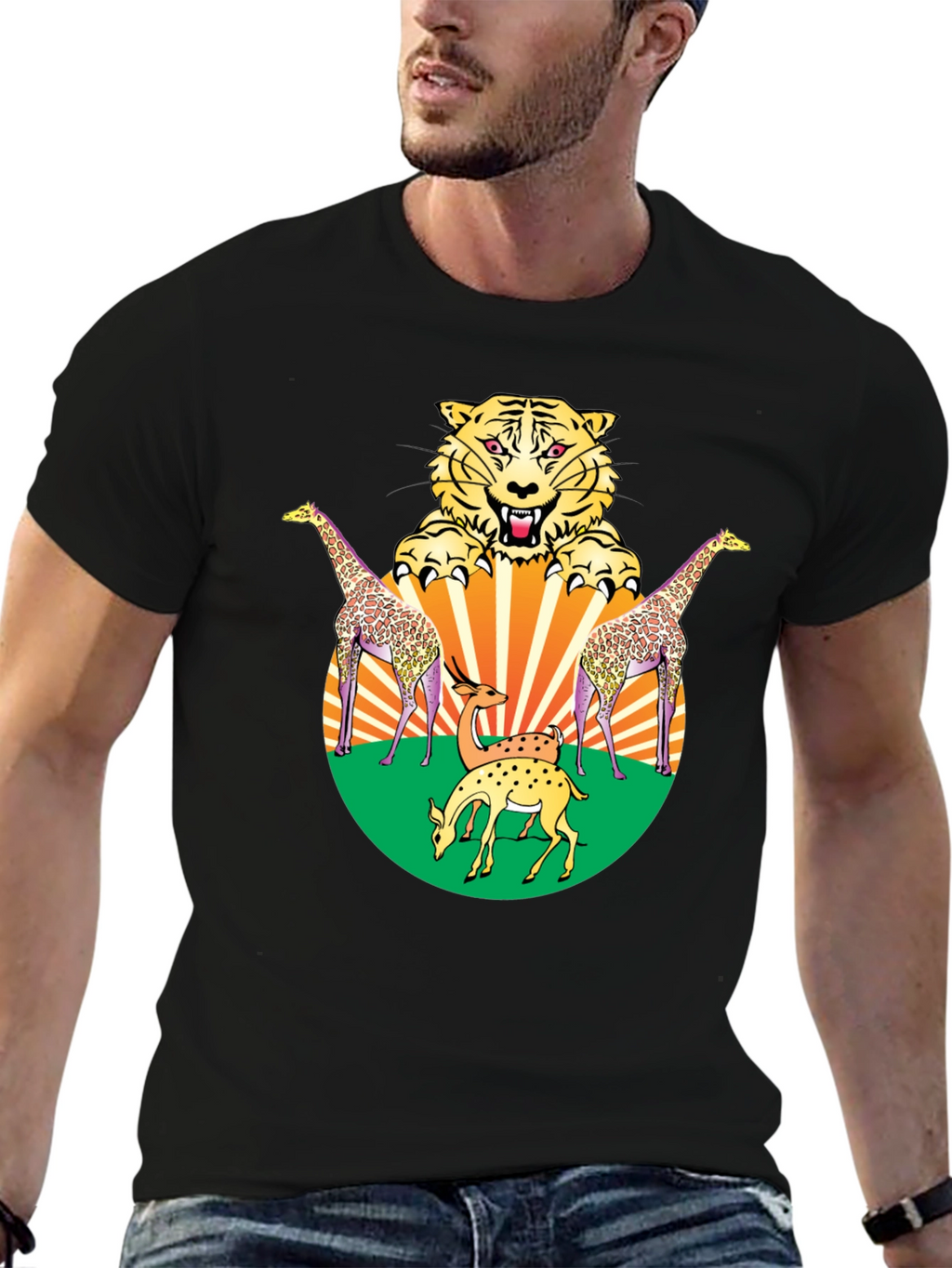 Wildlife Graphic Tee - Bold Animal Print Black T-Shirt