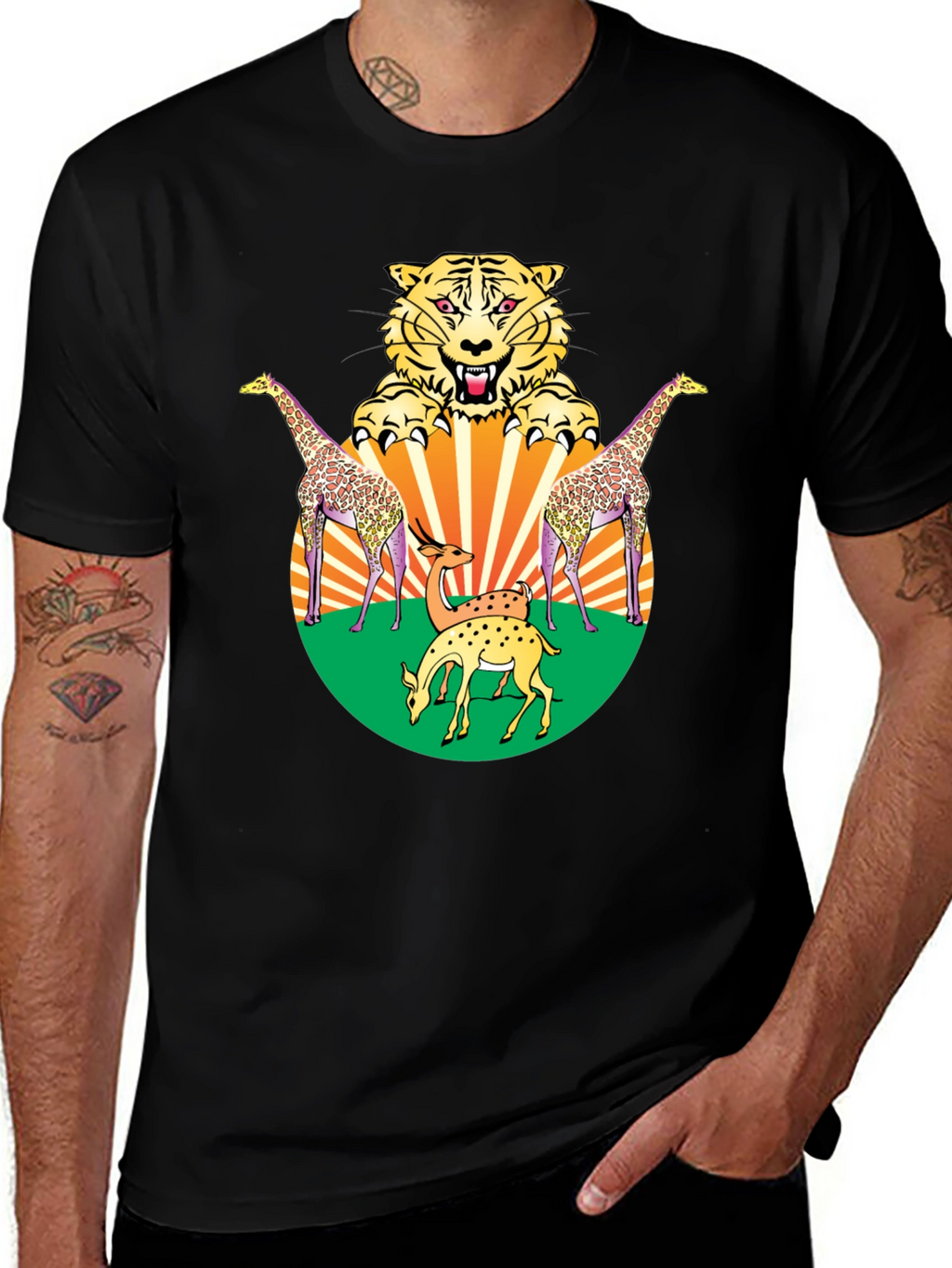 Wildlife Graphic Tee - Bold Animal Print Black T-Shirt