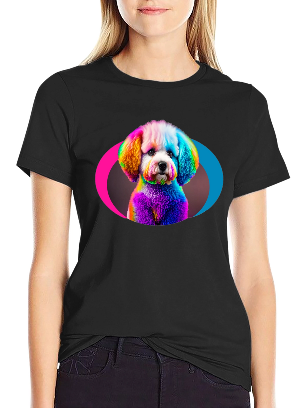 Rainbow Poodle Graphic Black T-Shirt