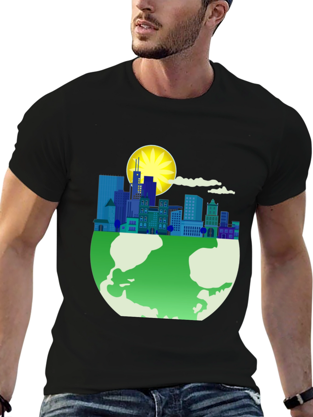 Eco-Friendly Cityscape Earth Graphic Tee - Black
